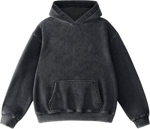 Sudadera con Capucha 100% Algodón Estampada Lisa Teñida, OEM Personalizada para Hombre, Estilo Vintage, Negra Lavada, de Gran Gramaje y Efecto Desgastado - Product Image 3