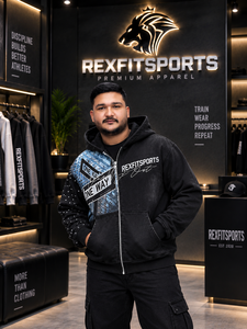 REXFITSPORTS 2026 Sweat-shirt à capuche entièrement zippé noir personnalisé, veste streetwear graphique, molleton de coton premium, vente en gros - Product Image 2