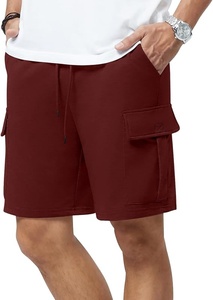 Shorts cargo pour homme, couleur bordeaux, avec cordon de serrage, taille mi-haute, décontractés, respirants, poches tissées, à carreaux, polyester/coton, séchage rapide - Product Image 3