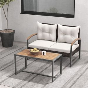 Set di Mobili da Giardino in 2 Pezzi: Tavolino da Caffè in Legno di Acacia e Sedie in Vimini PE - Product Image 5