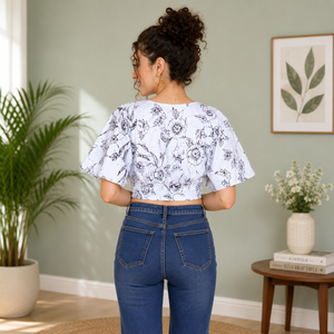 Blusa Corta Informal de Verano para Mujer, Personalizada, con Estampado Floral, Mezcla de Algodón, Cómoda, Cuello en V, Manga Corta, OEM ODM, con Bolsillos y Volantes - Product Image 3
