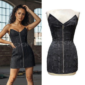 Vestido corsé de mezclilla negro con patchwork para mujer, minivestido ajustado con cremallera frontal |   Top estilo grunge Y2K - Product Image 6