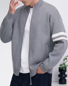 Men's Gray Breathable Polyester/Cotton Knitted Zip-Up Cardigan Full Sleeve Solid Color Turtleneck Sweater for Winter - Product Image 1