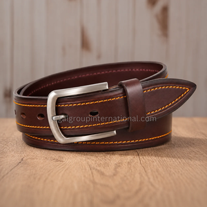 Wholesale Casual Leather <b>Belt</b> for Men Vintage Dark Brown Designer Waist <b>Belt</b> with Contrast Stitching <b>Silver</b> Pin <b>Buckle</b> - Product Image 3