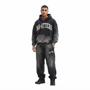 Conjunto de Sudadera con Capucha y Pantalones Deportivos Extra Grandes para Hombre, Color Negro Lavado, Algodón y Felpa, Ropa Deportiva Urbana, Venta al Por Mayor OEM - Product Image 1