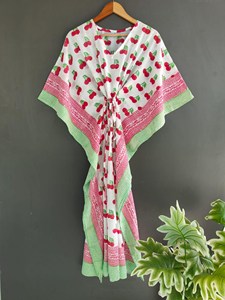 Bohemian Sweet <b>Cherry</b> Bloom Print Kaftan <b>Dress</b> V-Neck Women’s Relaxed Fit Vacation Cotton Maxi Outfit - Product Image 1