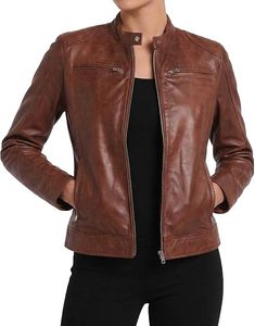 Veste de moto en cuir véritable pour femme, marron, col montant, fermeture éclair, manches longues, style motard, pour l'automne - Product Image 2