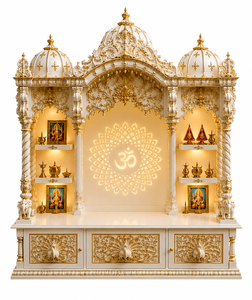 Traditional White and Gold Wood <b>Mandir</b> with Om Back Design Peacock Design Wooden <b>Mandir</b> for Living Room Decor Pooja Temple Unit - Product Image 2