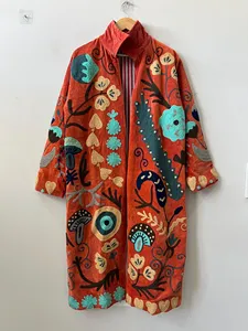 Bohemian <b>Coral</b> Red Embroidered Velvet Suzani Long <b>Jacket</b> With Floral Design Full Sleeve Winter Outerwear For Women - Product Image 1