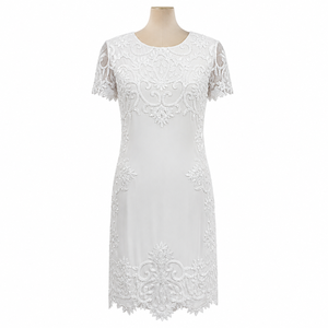 Elegant White Embroidered Lace Midi Dress for Women Round Neck Short Sleeve Party Cocktail Wedding Evening Formal Summer Dress - Product Image 1