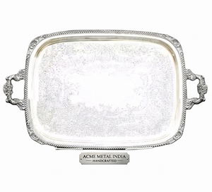 ถาดเสิร์ฟอะลูมิเนียมสีเงินงานฝีมือจากอินเดีย ยี่ห้อ Elegant Acme Metal  ขอบสลักลายดอกไม้  ผิวขัดเงา สำหรับใช้ในบ้าน - Product Image 3