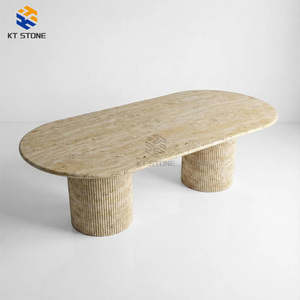 Tavolo da Pranzo in Marmo Beige Artigianale KT STONE: Lastra Solida, <span class=keywords><strong>Base</strong></span> Scanalata, per Progetti Alberghieri e Appartamenti - Product Image 2