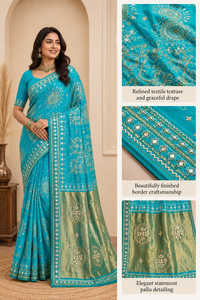 Sari en soie Moonga Bandhani Teal avec bordure brodée miroir, style vintage, longueur ras du sol, infroissable, élégant, pour mariage indien et fêtes, pour femme - Product Image 6