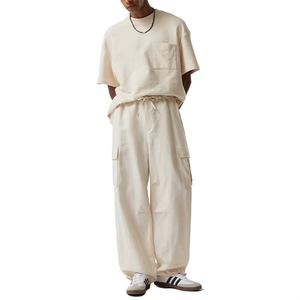 <b>Men</b>’s Oversized <b>Cream</b> Utility Set Pocket T Shirt and Wide Leg <b>Cargo</b> Pants Minimalist Streetwear Co Ord Outfit - Product Image 3