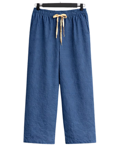 Conjunto de dos piezas para mujer, camisa beige y pantalones anchos azules, conjunto informal de algodón y lino, ropa de verano con bolsillo bordado - Product Image 2