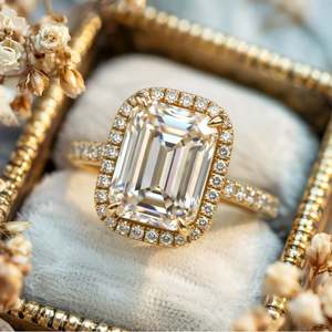 Anillo de Compromiso y Boda Solitario de Plata de Ley 925 con Moissanita Corte Esmeralda y Engaste de Garras Chapado en Oro - Product Image 1