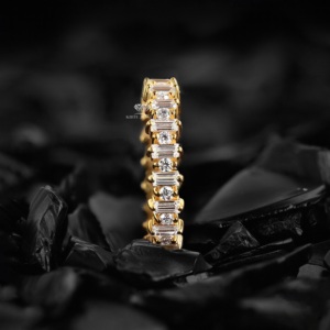Anillo de eternidad con diamantes baguette y redondos en oro de 14K, anillo de boda alternado, eternidad completa, apilable, regalo de aniversario nupcial para ella - Product Image 3