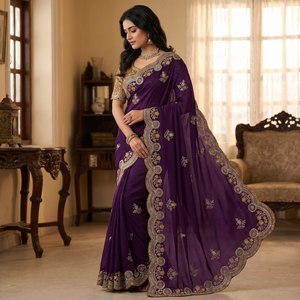 Fendy <b>Satin</b> <b>Saree</b> with Heavy Embroidery Sequence Border Fully Stitched Premium Embroidered Blouse Wedding Party Wear <b>Saree</b> - Product Image 2