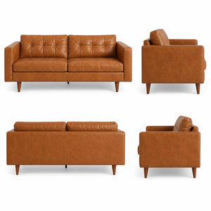 Sofá de Cuero Genuino de Estilo Moderno de Mediados de Siglo, Sofá Tapizado de 2 Plazas con Patas de Madera Maciza - Product Image 3