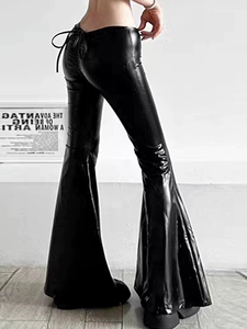 New Personality Drawstring Folding Bow PU Leather Flare Pants Europe And The United States Sexy Low Slim Fit Stretchable - Product Image 6