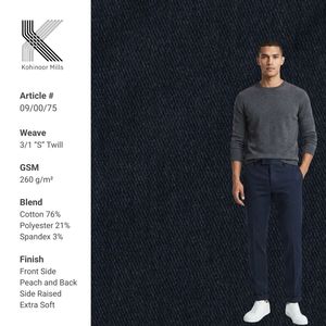 Tissu sergé en coton, polyester et élasthanne 260 GSM, finition pêchée, extensible, pour pantalon chino, fabricant de textiles pour vêtements - Product Image 1