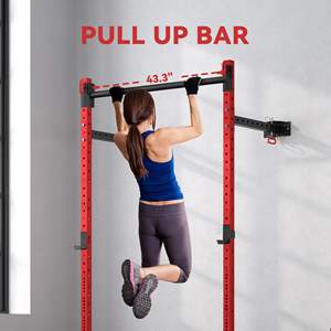 Sistema de gimnasio en casa montado en la pared ajustable, estante de sentadillas plegable con barra extraíble, estante de alimentación de capacidad de 1000 libras en rojo - Product Image 6