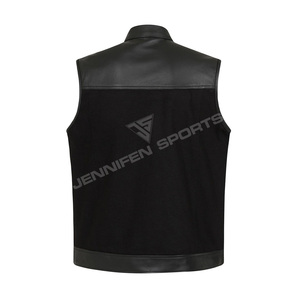 Gilet de motard pour homme en cuir de vachette et toile noir, style club de motards, respirant, vintage, fermeture à boutons recouverts, poches - Product Image 3