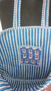 Traditional Blue Cotton Tote Bag with Floral Print Bohemian Style <b>Summer</b> Casual Open Top Shopping <b>Handbag</b> for Women - Product Image 5