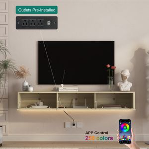 High Gloss Wall Mounted TV Stand <b>Floating</b> Wood Cabinet with LED Lights and Power Outlet for Living Room - Product Image 4
