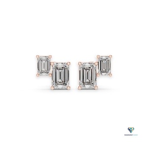 1.47 CT <b>Emerald</b> Cut Lab Grown Diamond <b>Stud</b> Earrings in 14K Solid Gold, Horizontal Linear Four Stone Diamond Earrings for Women - Product Image 1
