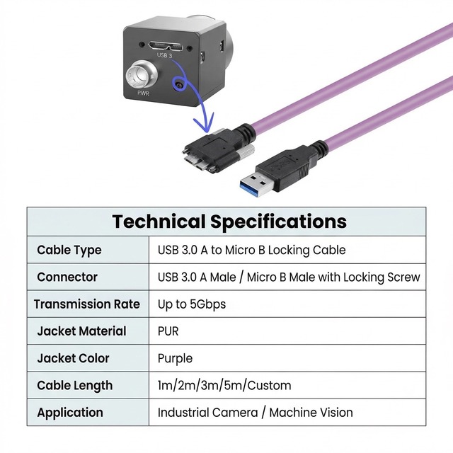 Custom USB3.0 Locking Cable for Industrial Camera Vision System OEM Support
