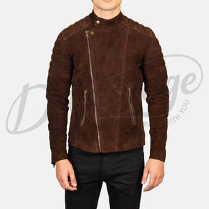 Chaqueta de cuero de gamuza marrón oscuro para hombre, estilo motero, corte ajustado, con hombros acolchados, cremallera asimétrica, para motocicleta. - Product Image 3