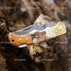 UA Supplies Hand Engraved Eagle Brass Accent Damascus Steel Back <b>Lock</b> Folding Pocket Knife Luxury Handmade EDC Hunting - Product Image 5