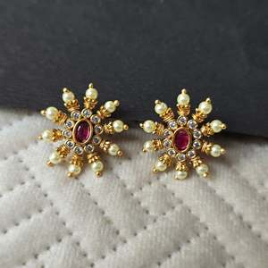 Vintage Huggie Earrings for Girls-18K Gold Plated Brass with Zircon Pearl & Diamond Accents - Product Image 2