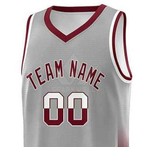 Maillot de basket-ball personnalisé unisexe gris et rouge sans manches, col en V, maille respirante en polyester, évacuation de l'humidité, uniforme d'équipe pour adultes - Product Image 2