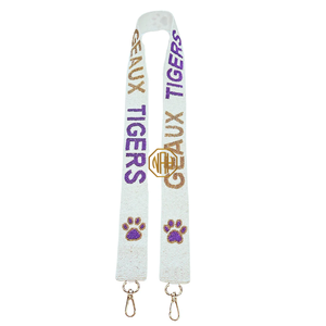 Sangle de sac brodée perlée Geaux Tigers blanc, violet, jaune, avec motif patte et quincaillerie dorée, vente en gros usine - Product Image 5
