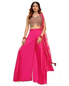 Ensemble palazzo traditionnel Rani Roop pour femme, coupe régulière, longueur ras du sol, avec dupatta en filet Bhandhani (soie créponnée brodée) pour mariage - Product Image 1