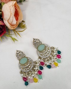 Elegant Oval Cut Stone Chandbali Pearl Beaded <b>Dangle</b> <b>Earrings</b> For Women Artificial Ethnic Jewellery Festival Partywear Wholesale - Product Image 5