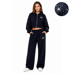 Ladies Boutique Sparkly Oversized Drop Shoulder Crop Zip <b>Tracksuit</b> Custom Rhinestone <b>Y2K</b> Hoodies Sweatpants Heavyweight Cotton - Product Image 1