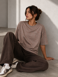Relaxed Fit Rhinestone Oversized Tee Women's Shirts Casual Drop Shoulder Crew Neck Streetwear Top 100%Cotton T-Shirt OEM Factory - Product Image 5