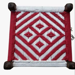 Handwoven Deep Green & White Rope Wooden Peeda <b>Stool</b> Ottoman Bone Inlay Console for Bedroom Garden Farmhouse - Product Image 1