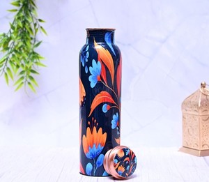 Bouteille d'eau en cuivre à motif floral abstrait bleu, design à motif symétrique, bouchon anti-fuite, bouteille réutilisable pour usage quotidien - Product Image 5
