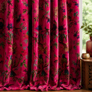 Vintage Style Cotton Velvet Hot Pink Color Bird Print Luxury Boho <b>Curtain</b> Luxury Drapes Can Be Customized to Blackout Drapes - Product Image 1