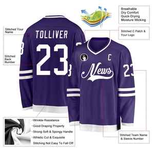 Maillot de hockey sur glace violet pour homme, col en V, manches longues, logo des équipes sublimé, vêtement en maille respirante, coupe régulière pour adulte - Product Image 6