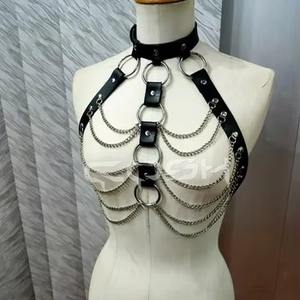 Harnais de corps avec chaînes argentées superposées, collier ras du cou, anneau en O, harnais de poitrine - Product Image 3