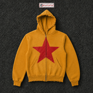Sweat à capuche zippé oversize doré avec imprimé étoile rouge et bords déchirés, style streetwear unisexe, coupe ample, fermeture éclair intégrale, vêtement de mode - Product Image 5