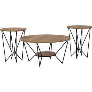 Modern Industrial Coffee <b>Table</b> and Set 3 Pack Round Wooden Top Center <b>Table</b> with Stable Metal Hairpin Wire Frame Base - Product Image 1