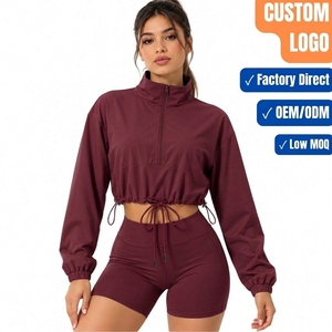 Wine <b>Burgundy</b> Two Piece Activewear Set <b>Women's</b> Crop <b>Jacket</b> Shorts Custom - Product Image 1