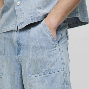 Wholesale OEM Men's Denim Summer Shorts 100% Cotton Hip Hop Style Anti-Wrinkle Breathable Drawstring Closure Stone Washed - Product Image 6