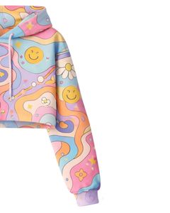Conjunto de Sudadera Corta y Pantalones Cortos Multicolor para Mujer, Estampado Abstracto de Dibujos Animados, Felpa de Algodón, Dos Piezas, Ropa Informal, Estilo Urbano - Product Image 6